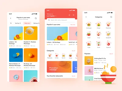 Food Ordering App app design application clean dishes food food app illustration illustration design light color meals minimal mobile mobile app design product design red restaurant