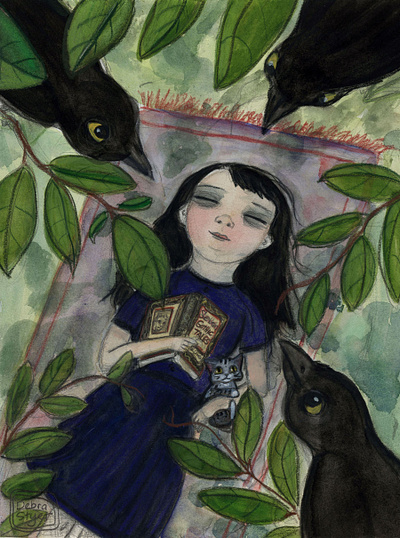 A Gothic Tale by Debra Styer dreaming ill illustration literature nature painting portrait painting ravens reading watercolor