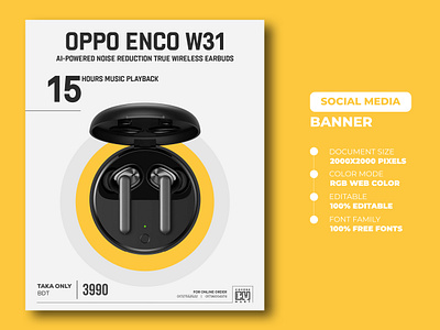 Oppo Enco W31 Earphone Social Media Banner Templates banner banner inspirations banners branding design flyer flyer templates gadget banner gadget flyer modern flyer social social me social media banner typography