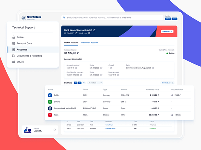 Accounts page of Support CRM for Brokerage Company account bank broker brokerage cms colorful crm currency financial fintech help investments stocks support tables