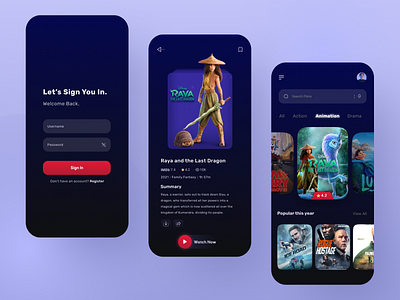 Streaming UI action actress animation app application dark dark mode design film graphic design logo minimal mobile modern movie show sign in streaming trend ui