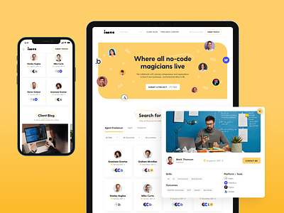 IMUA. Platform for searching no-code developers branding cards code design developer freelancer interface job jobplaatform jobsearch landing minimal platform pop up trendydesign ui ux website work yellow