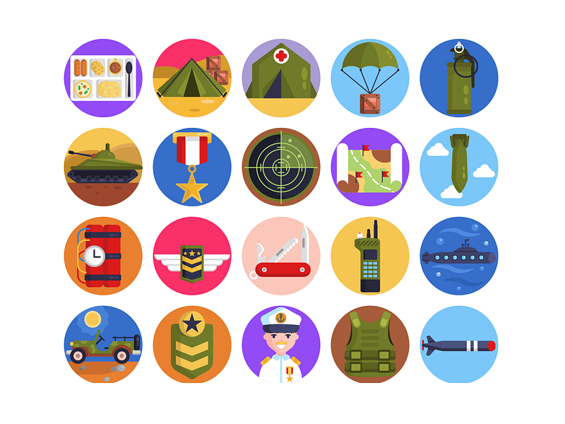 Army Icons army bullet proof vest coloured icons flat icons icon icons icons pack map military military badge parachute rocket submarine tear gas tent vector vectors walkie talkie