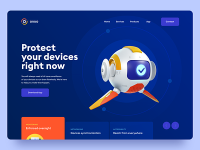 Landing page for Orbo 3d design 3d robot 3d website blue cyber graphic design landing page monitoring orange protection security ui ux uxui web webdesign website