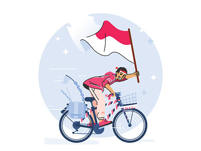 🇮🇩 Moving Forward 🚴🏽 💨 bicycle character character design decoration flag hut ri illustration independence independence day indonesia indonesian product illustration splashscreen ui vector