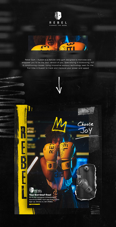 REBEL GYM | Posters black boxing dark design female graphic design grunge gym model poster poster design social media sport yellow