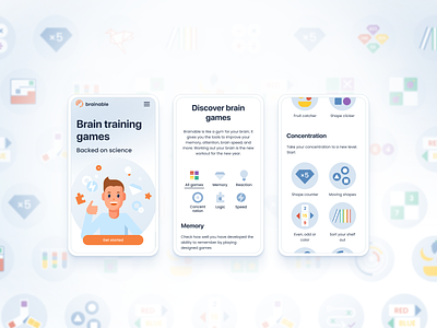 Brainable brain games brain training bright concentration design icons illustration logic memory reaction speed ui