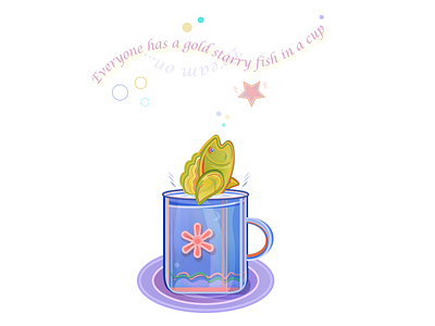 A multicolor fish showing out of a blue cup standing on a plate animal blue cup circles cup dishes drink fish flat happiness illustration joy lettering. liquid multicolor orange flower plate star stripes water web