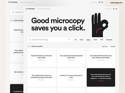 Microcopy.me - UX (micro) copy database copy dashboard design filters homepage illustration search sorting ux uxdesign