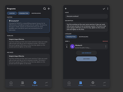 Workout App Programs dark fit fitness programs progress refresh theme ui ux workout