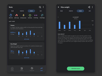 Weightlifting App Stats concept dark fit fitness graph lift stats theme ui ux weight