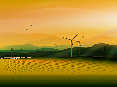 Wind Farm agriculture farm field illustration landscape light mountain nature tree vector wind farm winmill