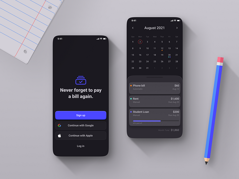 Bill Pay Reminder App app app design darkmode figma madewithfigma mobile phone purple ui ux uxdesign