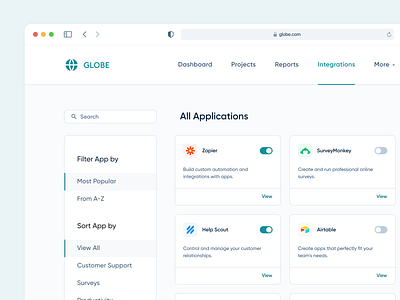 Globe : Integrations clean connected connected apps dailyui dailyux dashboard dashboard integrations flat design integration integrations minimal minimalism preferences saas sidebar toggle ui ux web web design