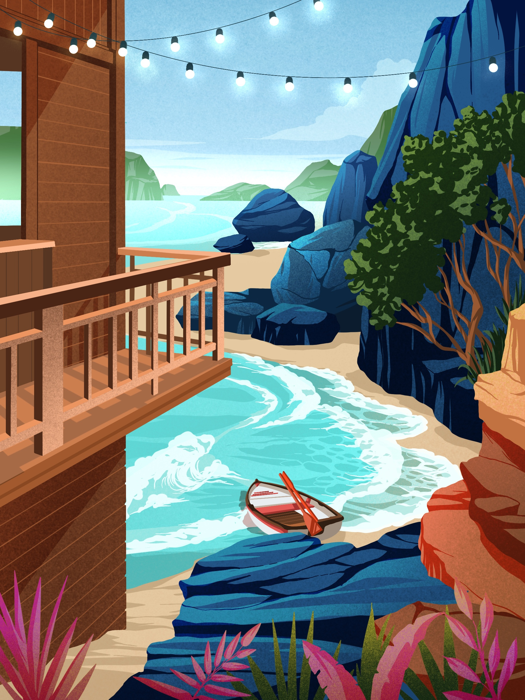 Wave artwork boat illustration mountain nature ocean stone wave