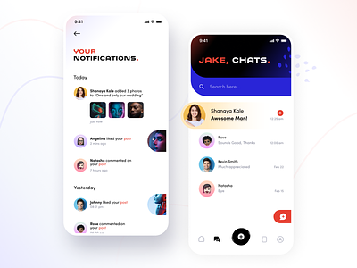 Notifications and Chat screen app chat conversation design feed group illustration message messenger neel notification notifications post prakhar profile search sharma social ui ux