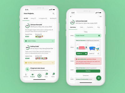 Construction Project Manager App calendar circular constructions engineer environment figma green health light minimal mobile poppins process progress bar project management simple timeline ui ux workers
