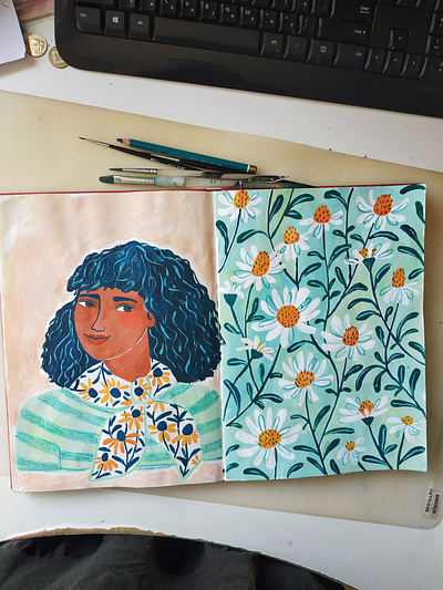 Daisy Girl art daisy drawing gouache hand drawn illustration painting pattern portrait woman