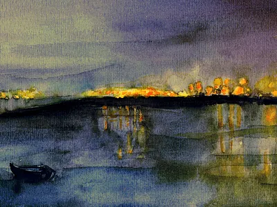 Vista de Cádiz de noche acuarela mar noche