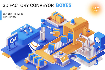 3d factory with boxes 3d 3d animation 3d art 3d illustration app arm belt box cartoon delivery factory illustration industrial machine mechanism page parcel robot sort technology