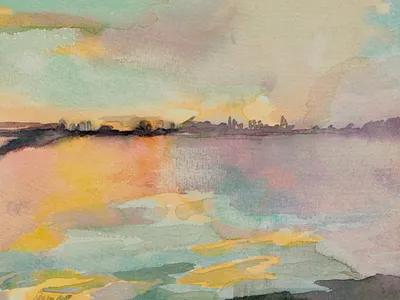 Bahía de Cádiz al atardecer acuarela atardecer mar