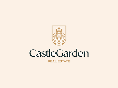 CastleGarden Logo Design brand branding castle design garden gold green home house icon logo logodesign minimal mortgage real estate river tree water