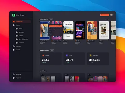 Zazu - Story Editor Dashboard app branding components dark dashboard design desktop editor minimal sidebar social software tiles tool ui ui design ux ux design