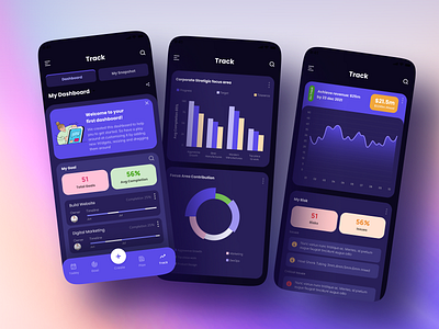 Project & Goal Tracking App app design app ui application design dark interfaced design goal tracking mobile app mobile dashboard project goal monitoring project management remote work task management ui ui design ui trend user experience user interface s ux ux design uxd