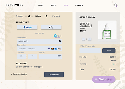 Herbivore Checkout Page (Payment) Daily UI #002 beauty website checkout page checkout webpage concept page daily ui dailyui002 design layout figma design herbivore botanicals payment page payment webpage design ui ui design ui kit uiix visual layout website design