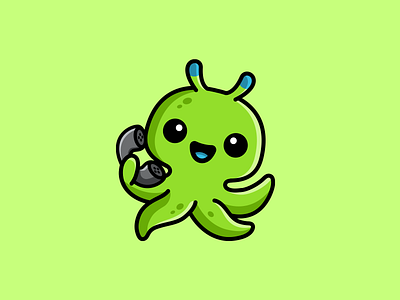 Alien on the Phone adorable alien brand branding call cartoon character creature cute green help desk identity interplanetary logo mascot monster octopus phone planet space