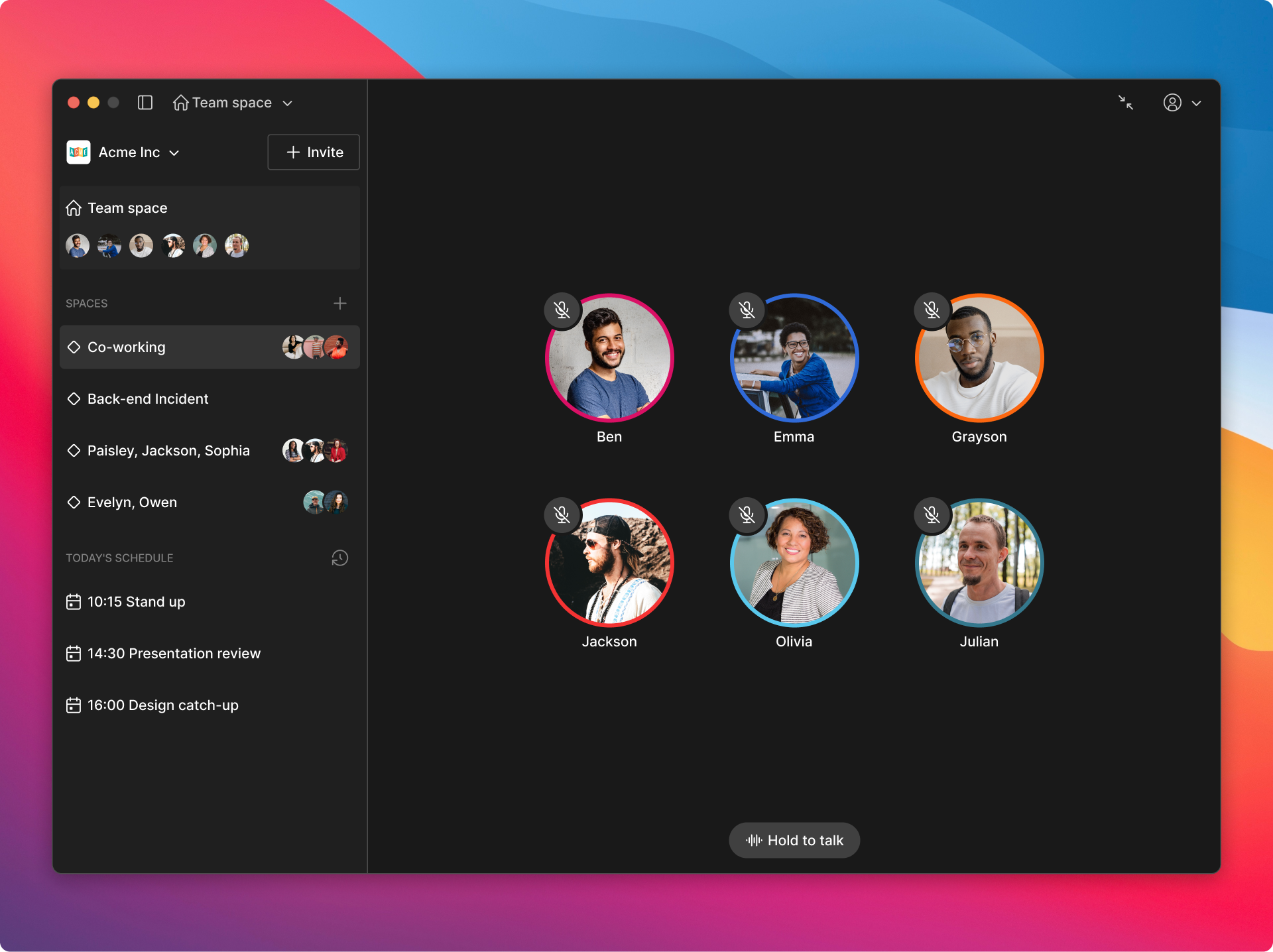 Team space - Riff app components dark theme mac app product design ui ux video call voice voice app zoom