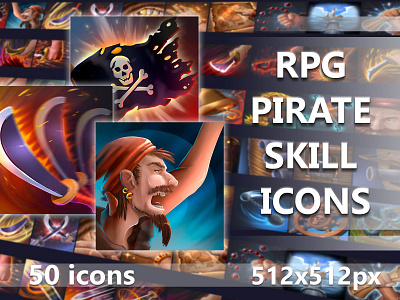 50 Pirate Skills Icon Pack 2d art asset assets fantasy game game assets gamedev icon icone icons indie mmorpg pirate pirates rpg set sets skill skills