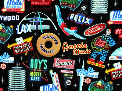 Retro Signs Pattern canters deli circus liquor designdrawing el coyote fan art illustration lax los angeles mels diner neon neon sign neon signs panns diner pattern pattern design randys donuts retro signs vector vintage