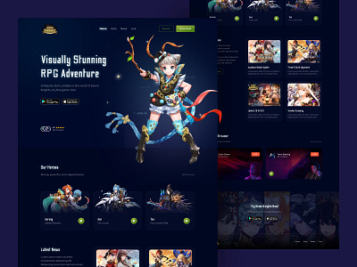 Seven Knights - mobile RPG adventure game ⚔️🧙🏻‍♂️ adventure black clean colorful dark mode futuristic game glow glow in the dark landing page layout modern popular rpg trend ui uiux ux web website