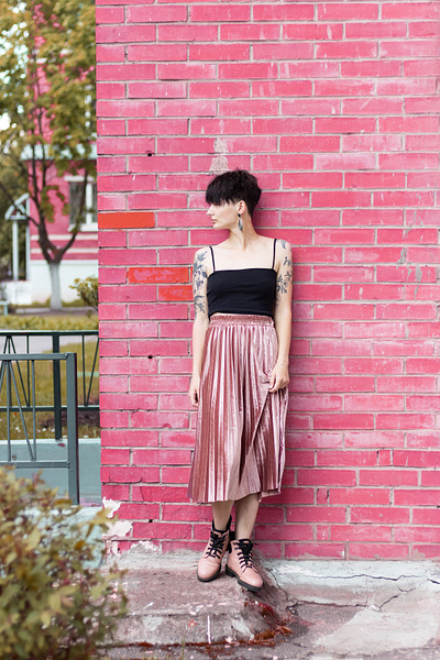 Standing design fashion girl mood photography picture pink skirt summer wall