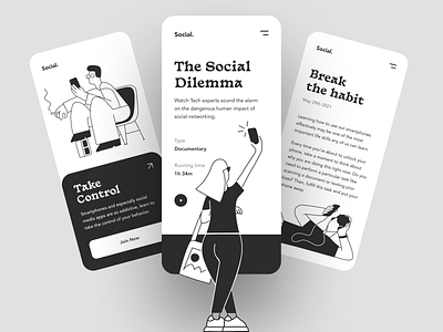 Social. app appdesign black blackandwhite blackwihte bw clean design illustration layout minimal ui uidesign