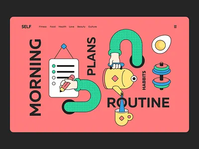 Morning routine | article cover illustration affinitydesigner breakfast cover article digital illustration egg fitness food illustration graphic design healthy life mainpage design morning routine habits perfect colors perfect pixel plans tea teapot ui illustration vector illustration web design web illustration