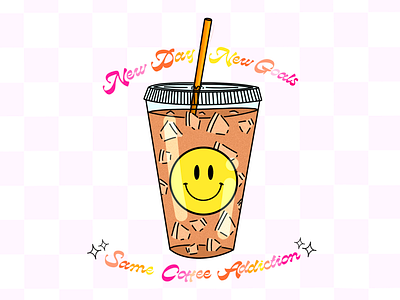 Iced Coffee Illustration Art with Smiley Face aesthetic bright checker checkered checkered print coffee color colorful design feminine illustration pink procreate procreate app typography y2k