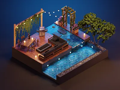 End the Summer in Beauty 🍷 3d beauty blender deck design illustration low poly lowpoly polygon runway polygonrunway pool summer