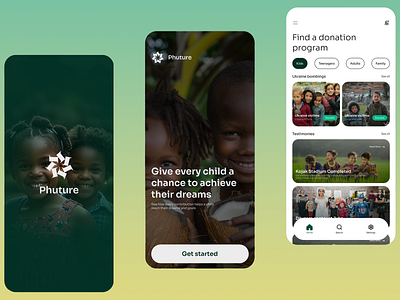 Phuture - Mobile Charity App adults app interface app store campaigns charity charity foundation child support childrens aid childrens poverty donation app donation programs dreams futuristic green color palette green theme help impactful kids teenegers user interface