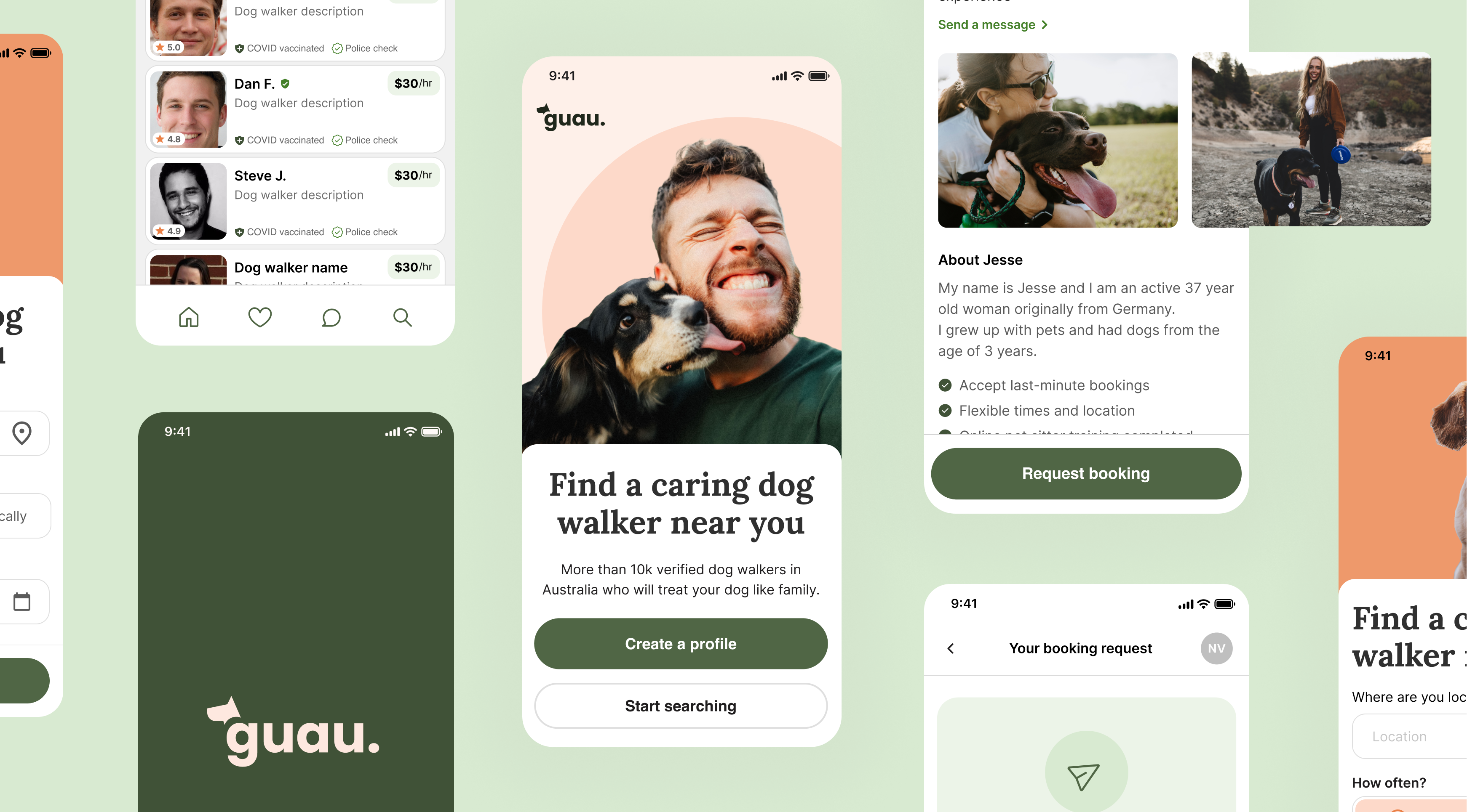 Guau - Finding a dog walker booking flow branding case study dailyui design system dog app dog walking app filters light green screen login login screen logo search search results signin signup ui ux vector yellow screen