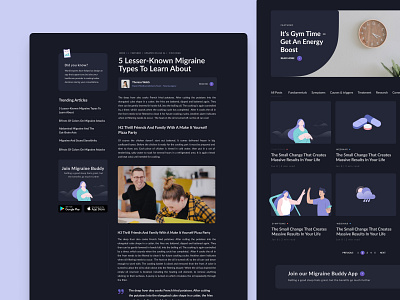 Blog and article - Migraine & Headache Tracking App Website article blog dark design design studio health healthcare interface news post sidebar ui ux web design