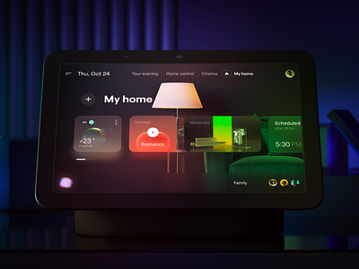 Smart home cards for Google Hub device 3d ai animation background branding c4d cards control dark google hub illustration lamp motion smart home tablet ui uiux ux voice
