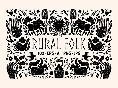 Rural Folk Bundle bundle digital download folk folk animals horses objects ornate animals rural rustic scandi scandinavian vector