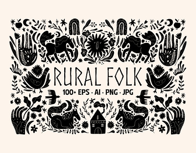 Rural Folk Bundle bundle digital download folk folk animals horses objects ornate animals rural rustic scandi scandinavian vector