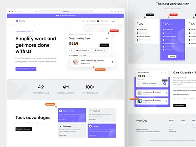 WeekDay - Project Management Website advantage alert card chips clean component faq footer landing page management tools modern pricing project project management testimonial tools management ui ux web design website