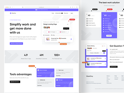 WeekDay - Project Management Website advantage alert card chips clean component faq footer landing page management tools modern pricing project project management testimonial tools management ui ux web design website