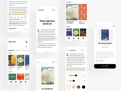 Book Store - reading app concept accessibility app book cover book store bookmarks books buy cart details page e commerce ios app m commerce mobile app reading reading mode review settings sliders store text