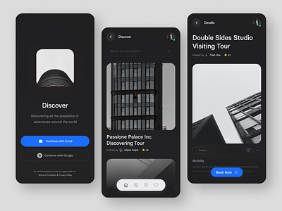 Tour Booking App app architecture booking booking app clean dark dark mode dark ui design minimal minimalist mobile mobile app tour tour guide travel travel app typography ui uiux