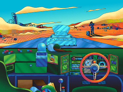 The Road Warrior - Crazy 4 Cult 15 affinity designer art show blue car interior exhibition film graphic green illustration landscape mad max movie orange poster poster illustration psychedelic art texture the road warrior vector vector art